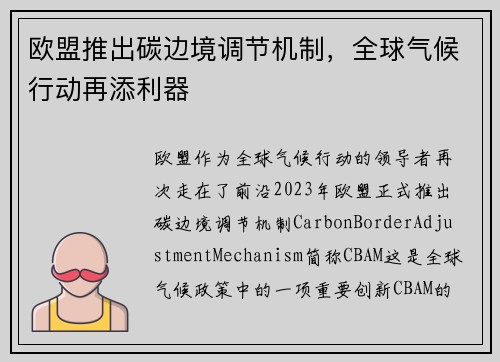 欧盟推出碳边境调节机制，全球气候行动再添利器