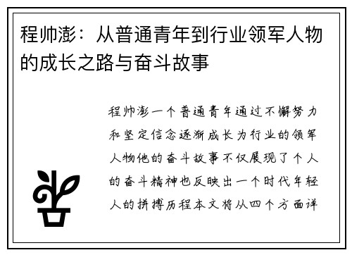 程帅澎：从普通青年到行业领军人物的成长之路与奋斗故事