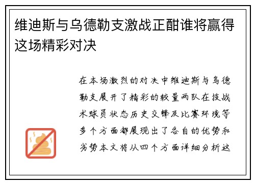 维迪斯与乌德勒支激战正酣谁将赢得这场精彩对决