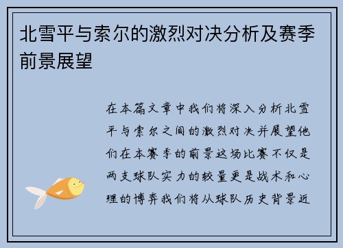 北雪平与索尔的激烈对决分析及赛季前景展望