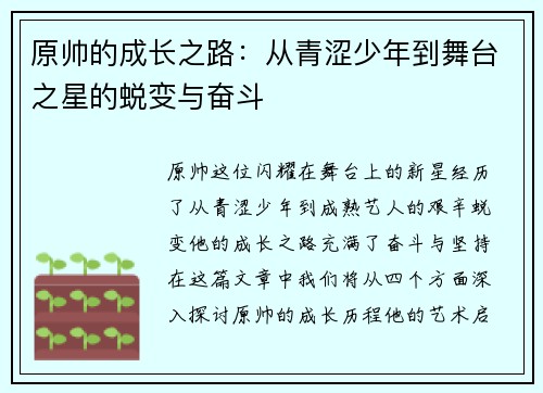原帅的成长之路：从青涩少年到舞台之星的蜕变与奋斗