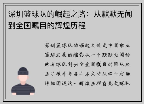 深圳篮球队的崛起之路：从默默无闻到全国瞩目的辉煌历程